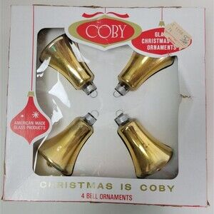 4 Vtg Coby Glass Gold Bell Christmas Ornaments Made in USA w. Box